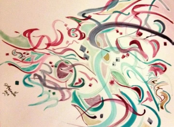 Flowing calligraphic strokes in red, green and black on cream