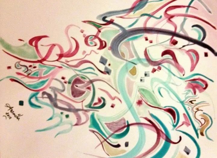 Flowing calligraphic strokes in red, green and black on cream