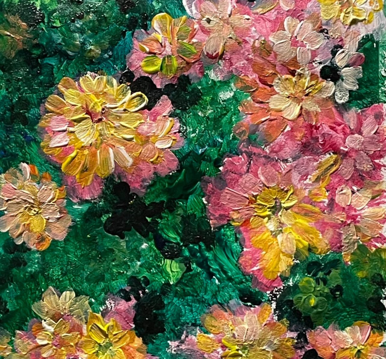 Thickly painted pink, coral and green chrysanthemums filling the canvas