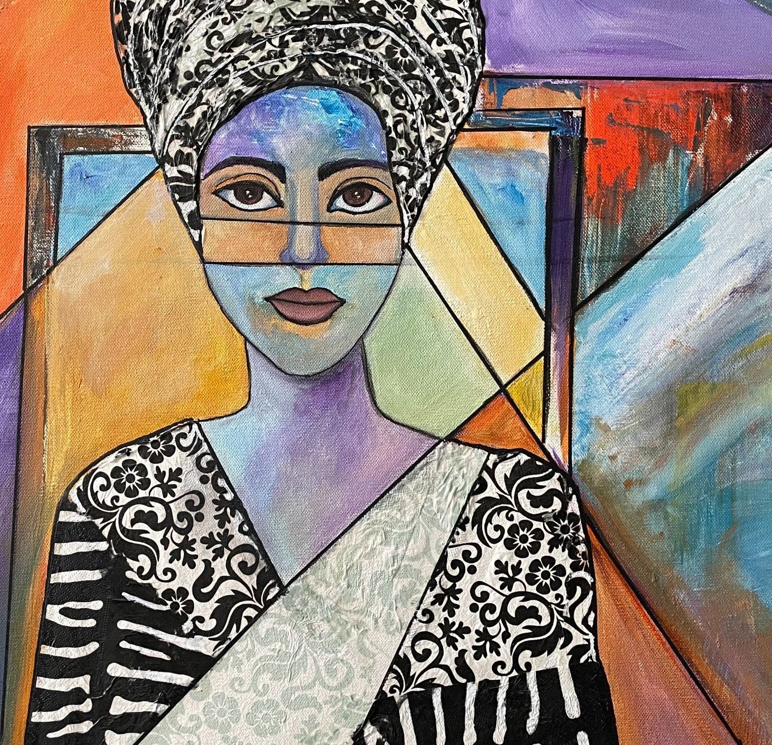 Cubist portrait of a woman in a patterned saree and headwrap