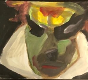 Loose, dark study of a Kathakali face emerging from green and black