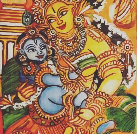 Kerala mural-style painting of the infant Krishna with ornate jewellery in yellow, green and blue