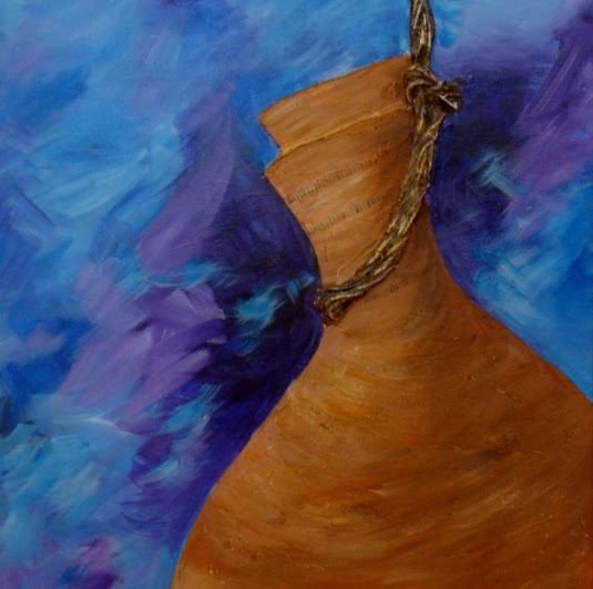 A clay water pot hanging from rope against swirling blue and violet