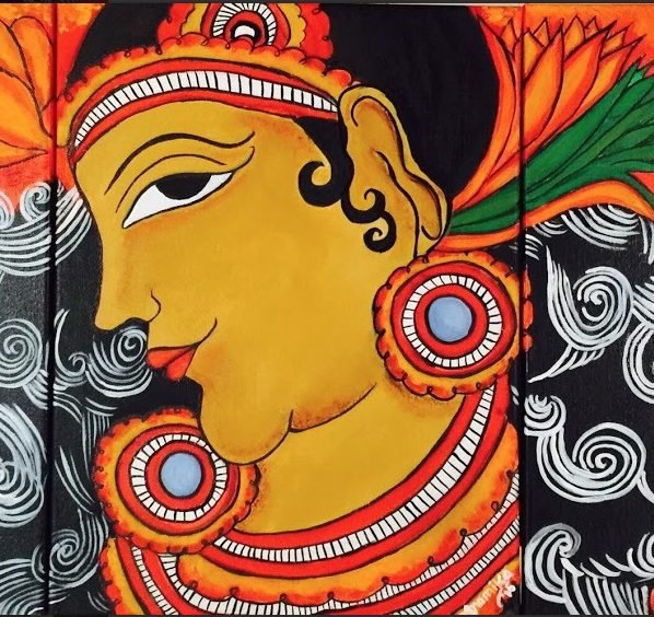 Kerala mural-style profile of a golden face with large ornamental earrings against swirling black and white