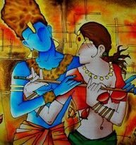 Blue-skinned Krishna with a flute beside Radha in red and gold