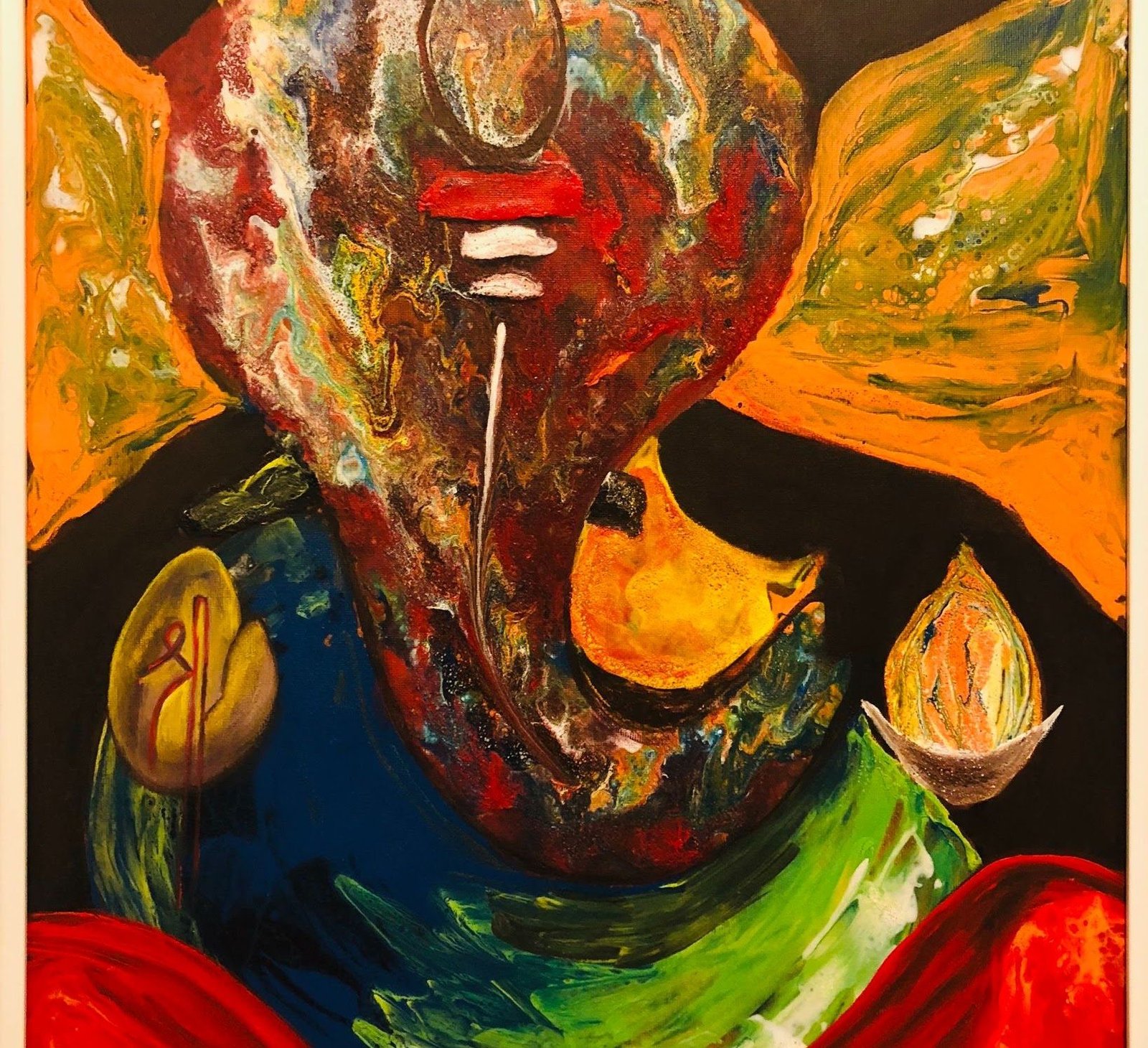 Expressive abstract of a crowned deity in red, gold and green with lamp flames