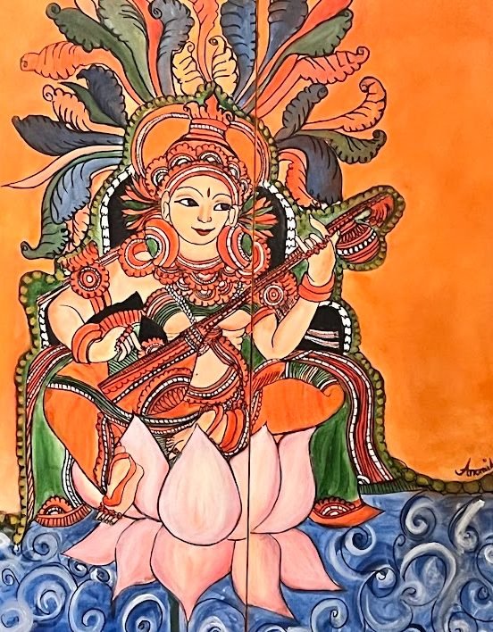 Saraswati playing the veena, seated on a pink lotus above stylised blue waves, in Kerala mural style