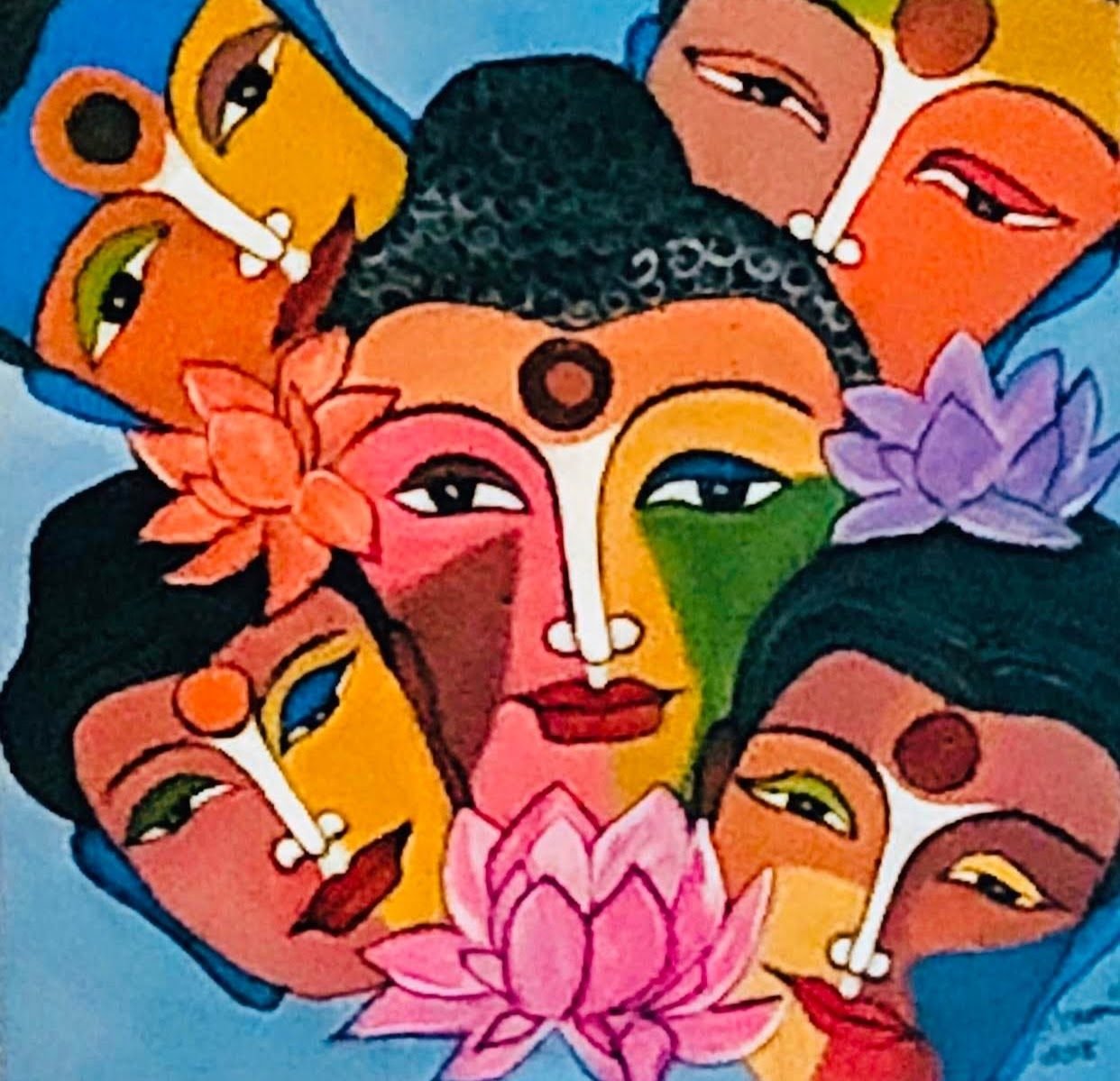 A cluster of stylised women’s faces among pink lotuses