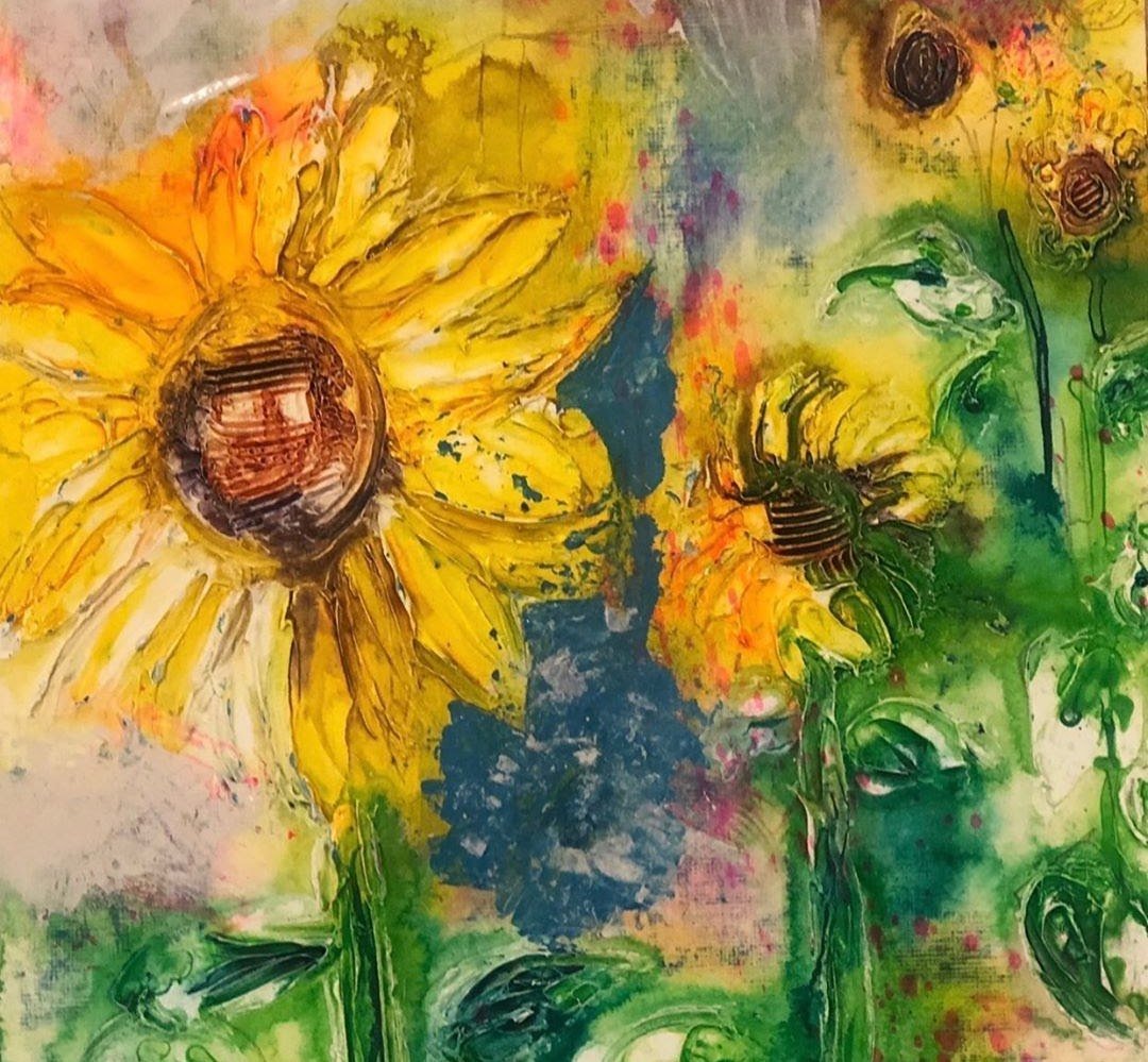 Impasto sunflowers in bright yellow against soft green
