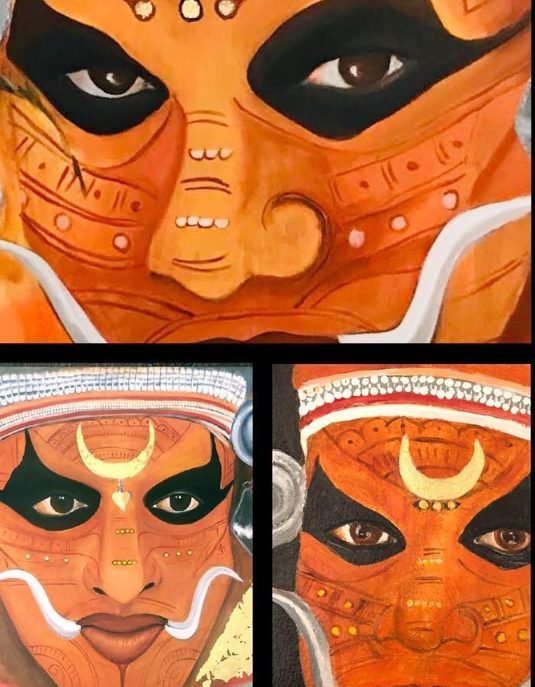Three panels of Theyyam faces in orange, focused on kohl-lined eyes