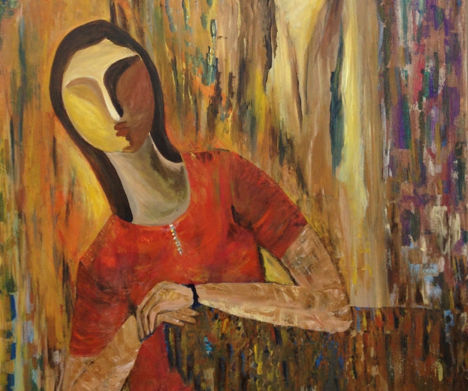 A stylised woman in red leaning at a window among golden verticals